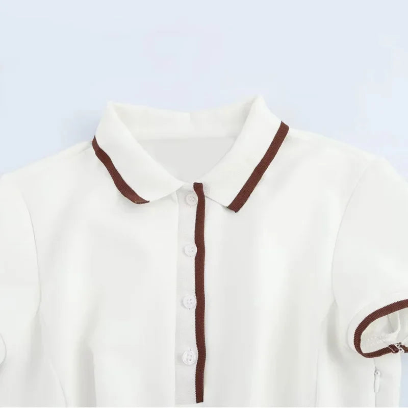 White Pleated Polo Shirt Dress With Short Sleeves Casual