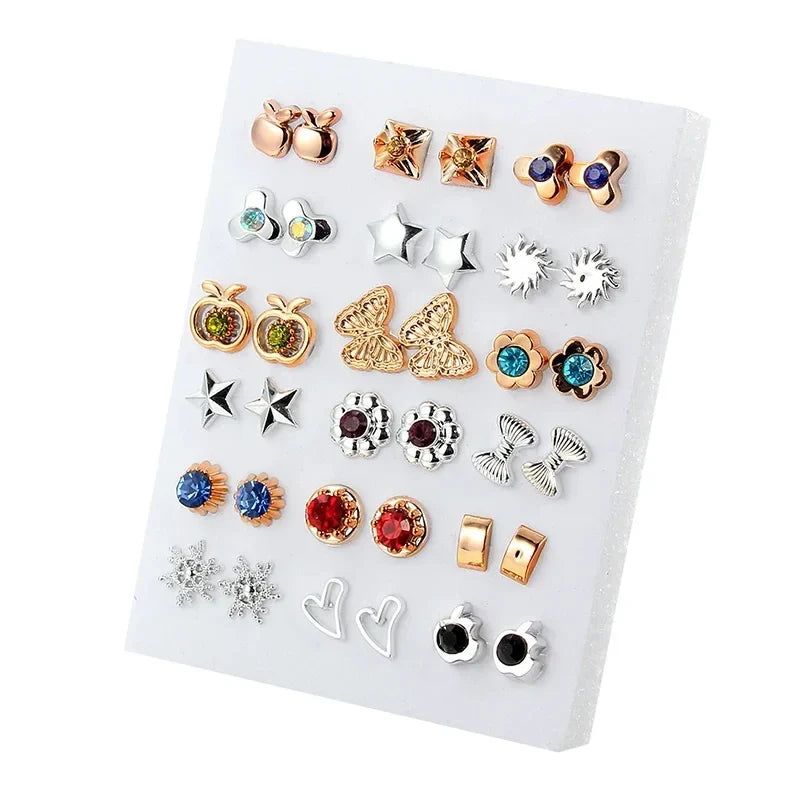 18 Pairs Gold Silver Enamel Pearl Flower Heart Stud Earrings Set for Women Colorful Butterfly Jewelry Gift Mix Styles