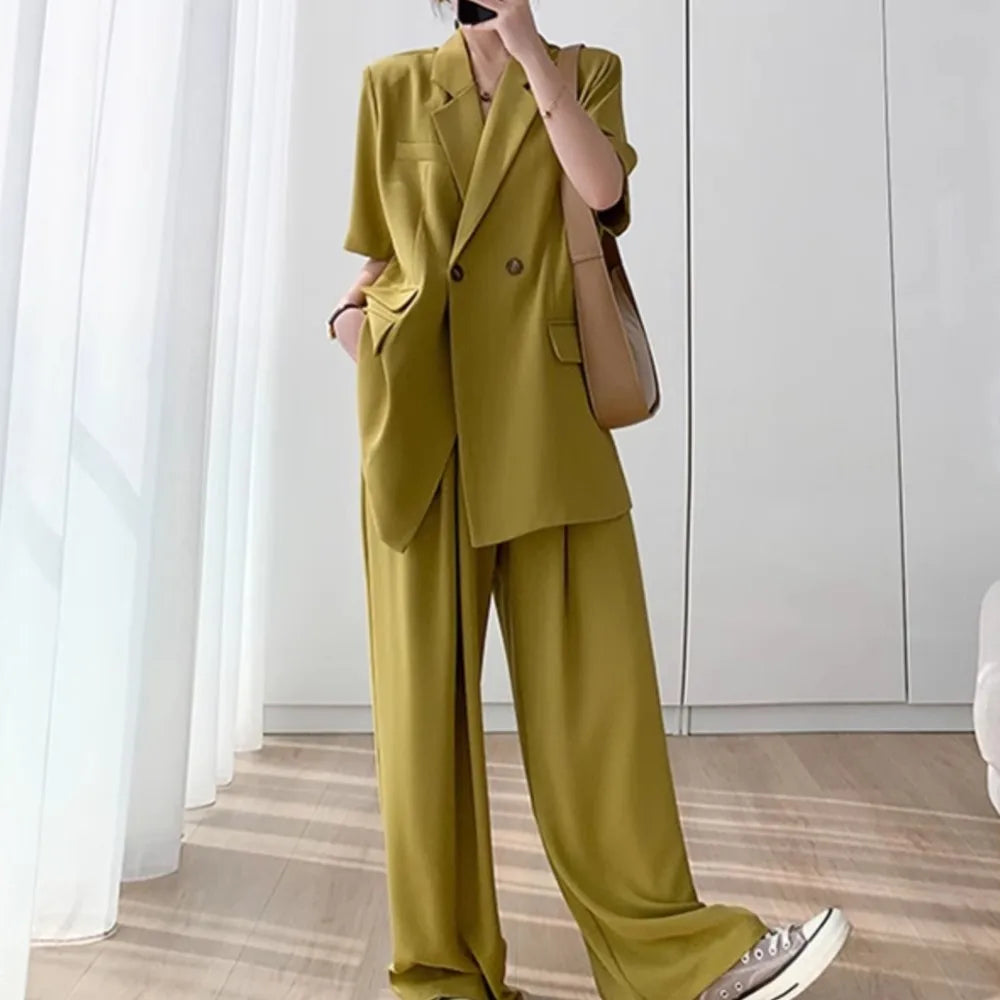 Short Sleeve Wide Leg Pants Blazer Suit Set for Women Summer Business Casual Attire