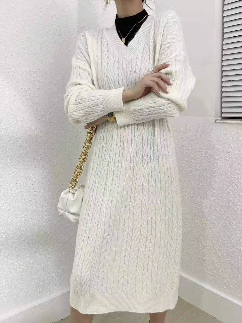 Autumn Knit Sweater Dress Long Sleeve V Neck Women