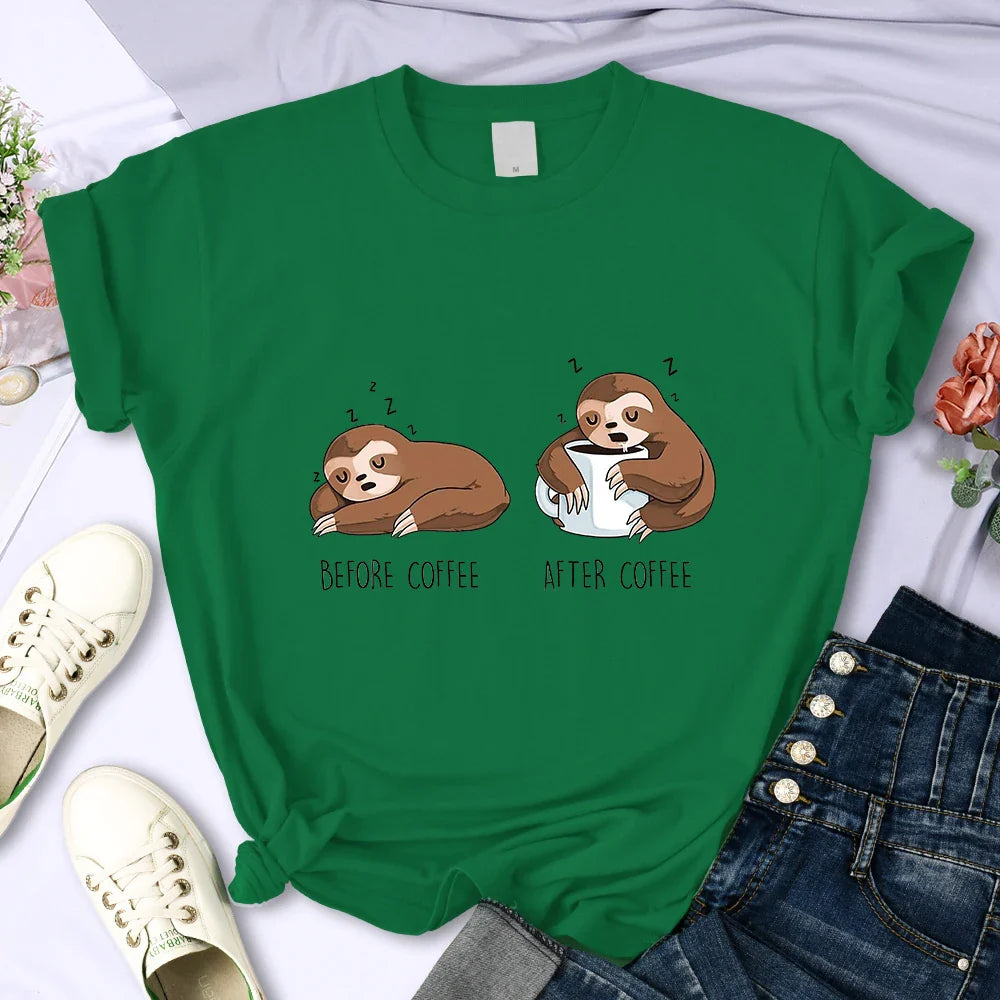 Before Coffee After Coffee Kawaii Sloth T Shirt for Women Casual Fashion Short Sleeve Breathable Tee