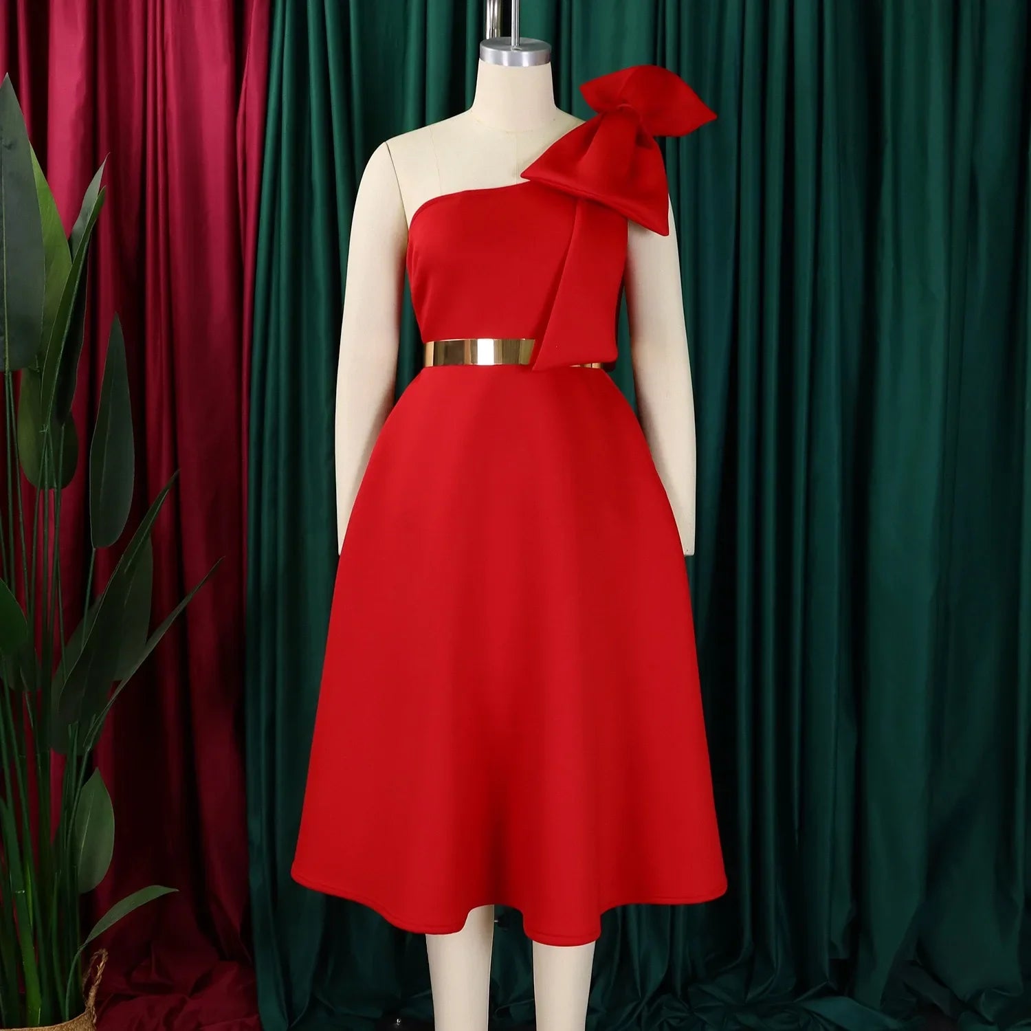 One Shoulder Bow Dress A Line Pleated Mid Calf Party Dress