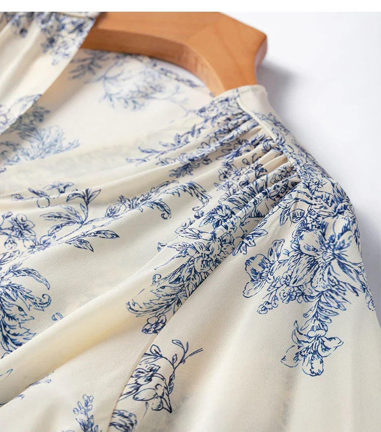 Women 100 Percent Mulberry Crepe Silk Shirt White Floral Button Down Long Sleeve Blouse Elegant Office Top M L XL