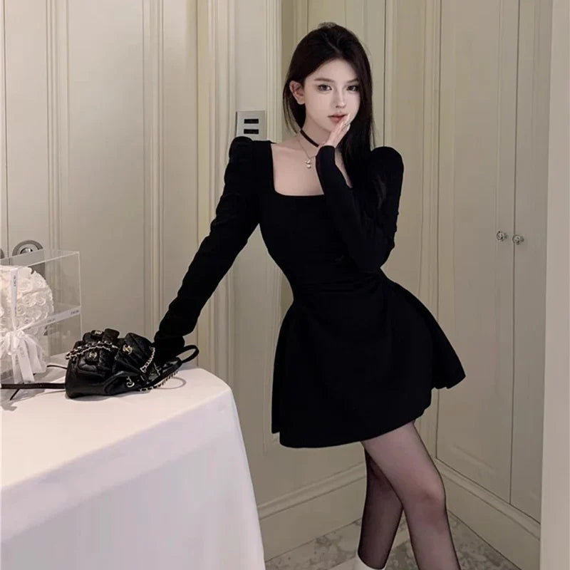 Elegant Women Evening Dress Long Sleeve Retro Banquet Black
