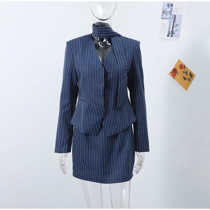 Women's Street Striped Blazer and Skirt Set Slim V-Neck Single Breasted Coat with Ribbon Accent Hip-Hugging Package Skirt Chic Spring Summer Outfit