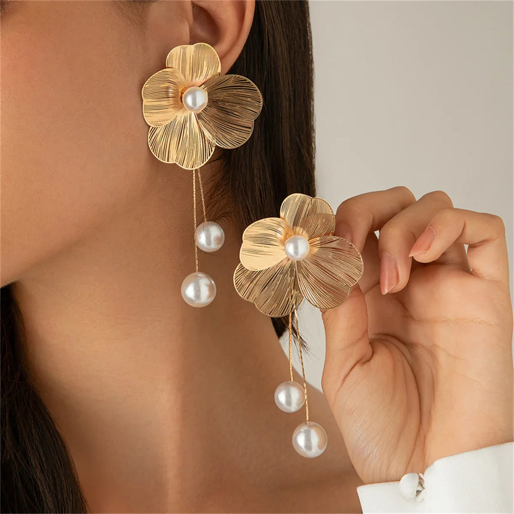 Women's Flower Petal Long Tassel Drop Earrings with Imitation Pearl for Weddings and Special Occasions