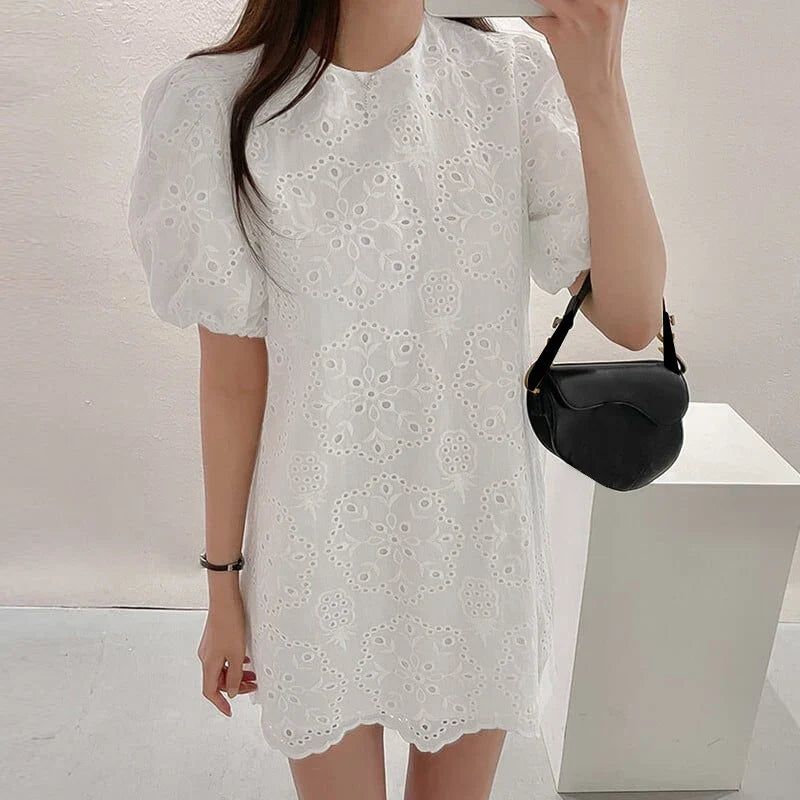 Cotton Sundress With Puff Sleeve Mini For Women Round Neck