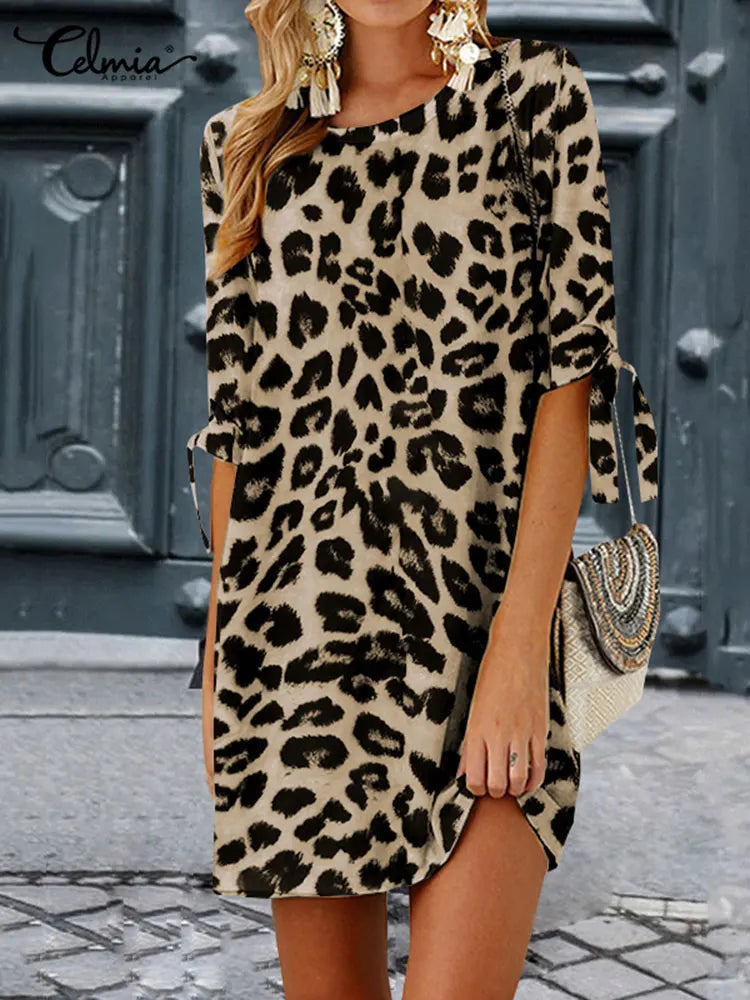 Leopard Print Boho Mini Dress For Beach Sundress Casual