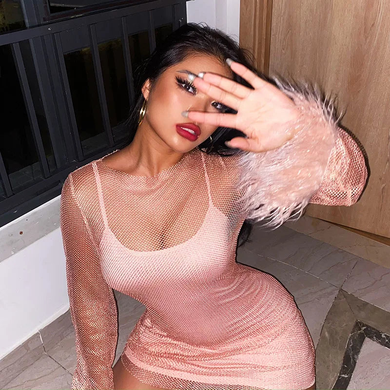 Black Mesh See Through Mini Dress Women Bodycon Clubwear