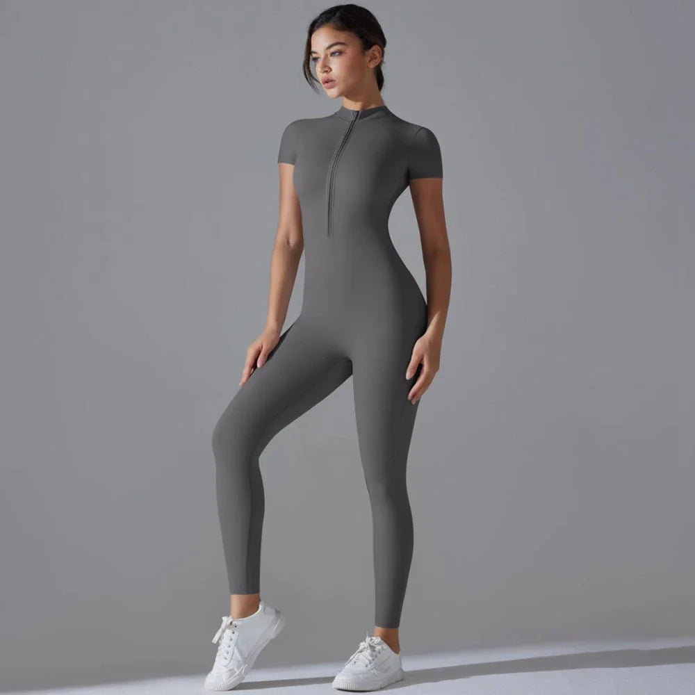 Womens Short Sleeve Yoga Jumpsuit Slim Fit Stretch One Piece Romper with Front Zipper Sexy Fitness Activewear Basic Sportwear in Black
