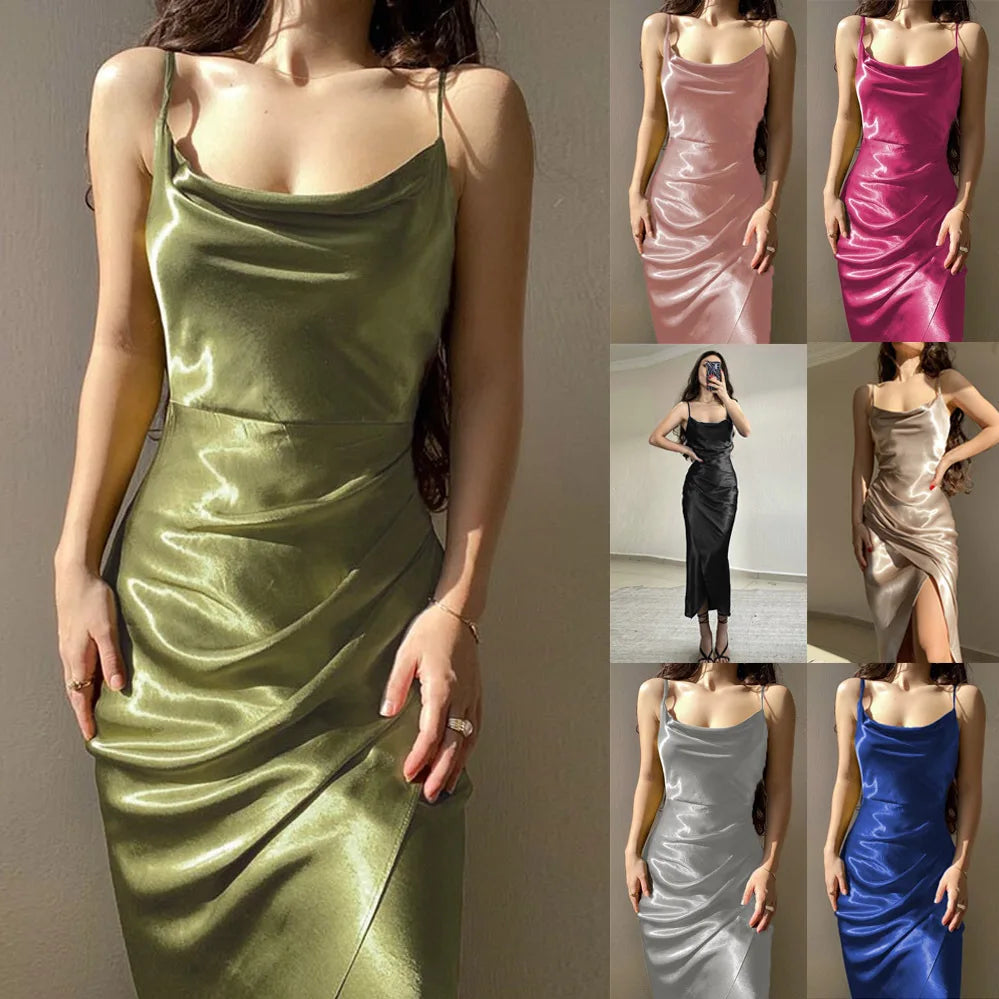 Elegant Satin Strap Dress With Back Split For Spring