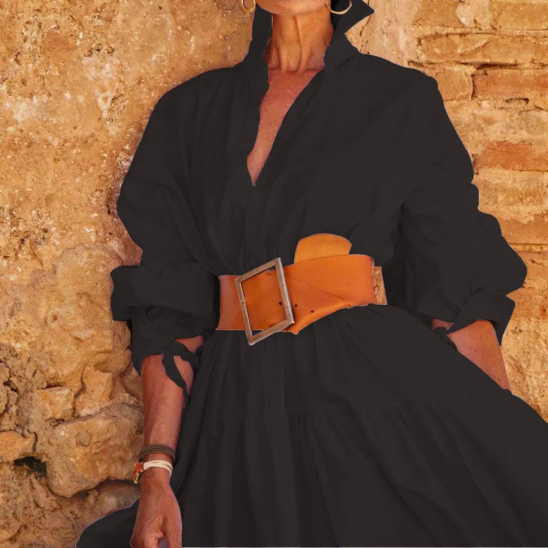 Women Casual Front Button Shirt Dress With Belt Longsleeve