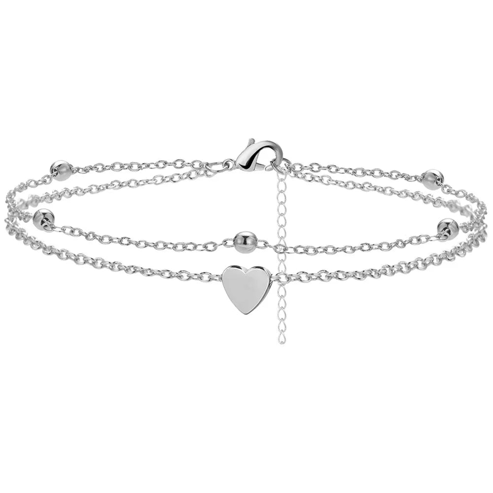 925 Silver Plated Heart Charm Anklet with Cubic Zirconia Dainty Layered Chain Jewelry for Women