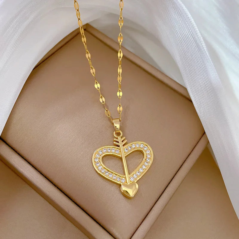 Trendy Heart Stainless Steel Zirconia Necklace for Women - Elegant Gold Color Jewelry for Parties and Daily Wear