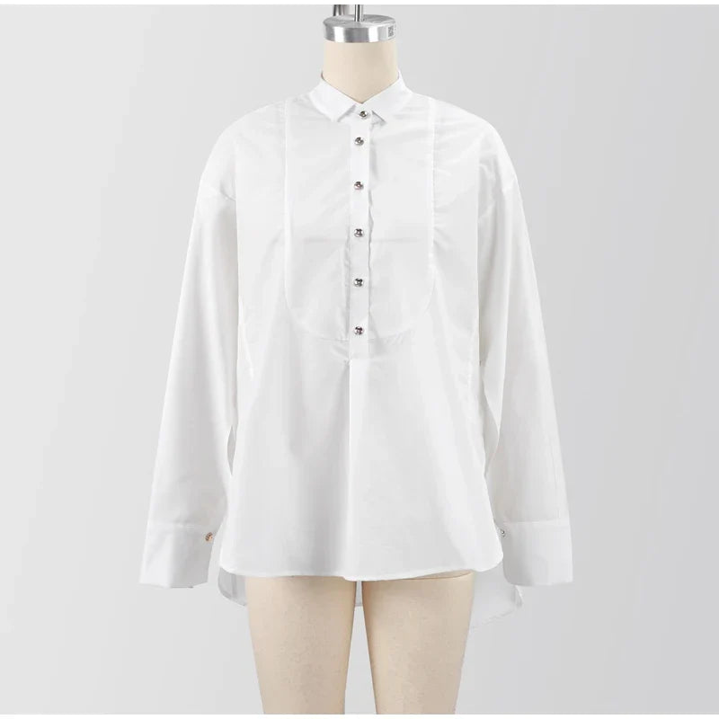 White Chiffon Shirt for Women with Lapel Collar Lantern Sleeves Single Breasted Irregular Hem Loose Fit Blouse Elegant Casual Top