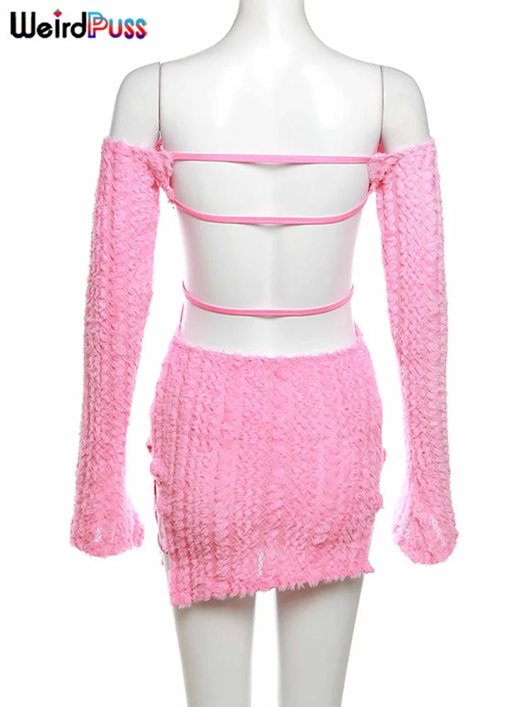 Backless Knit Bodycon Dress Women Slash Neck Chic Elegant