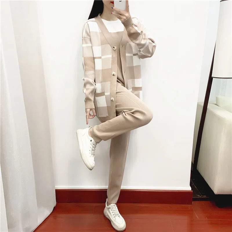 Autumn Winter Women's Plaid Knit Cardigan Tracksuit Set with Short Sleeve Top and Solid Harem Pants 3 Piece Cozy Sweater Coat Ensemble
