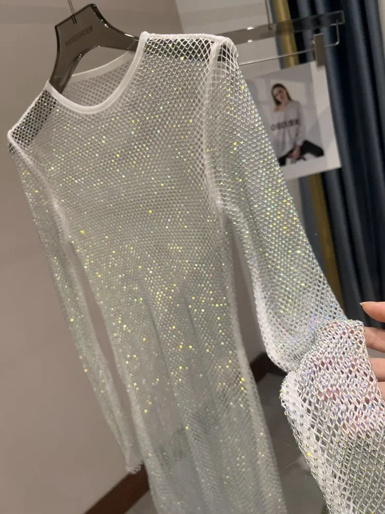 Colorful Sequin Diamond Dress Round Neck Midi Hollow