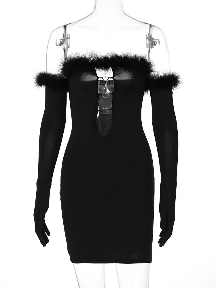 Feather Off Shoulder Mini Dress With Heart Cutouts Party