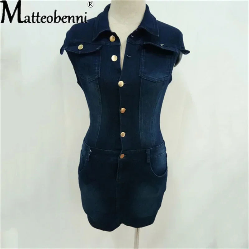 Denim Mini Dress For Women Short Sleeve Turn Down Collar