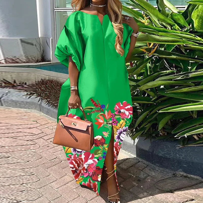 Bohemian Satin Silk Maxi Dress for Women Sundress Casual