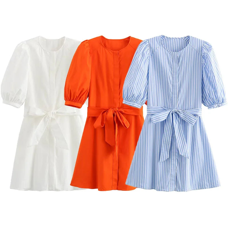 Orange Puff Sleeve Mini Dress With Bow Belt For Women