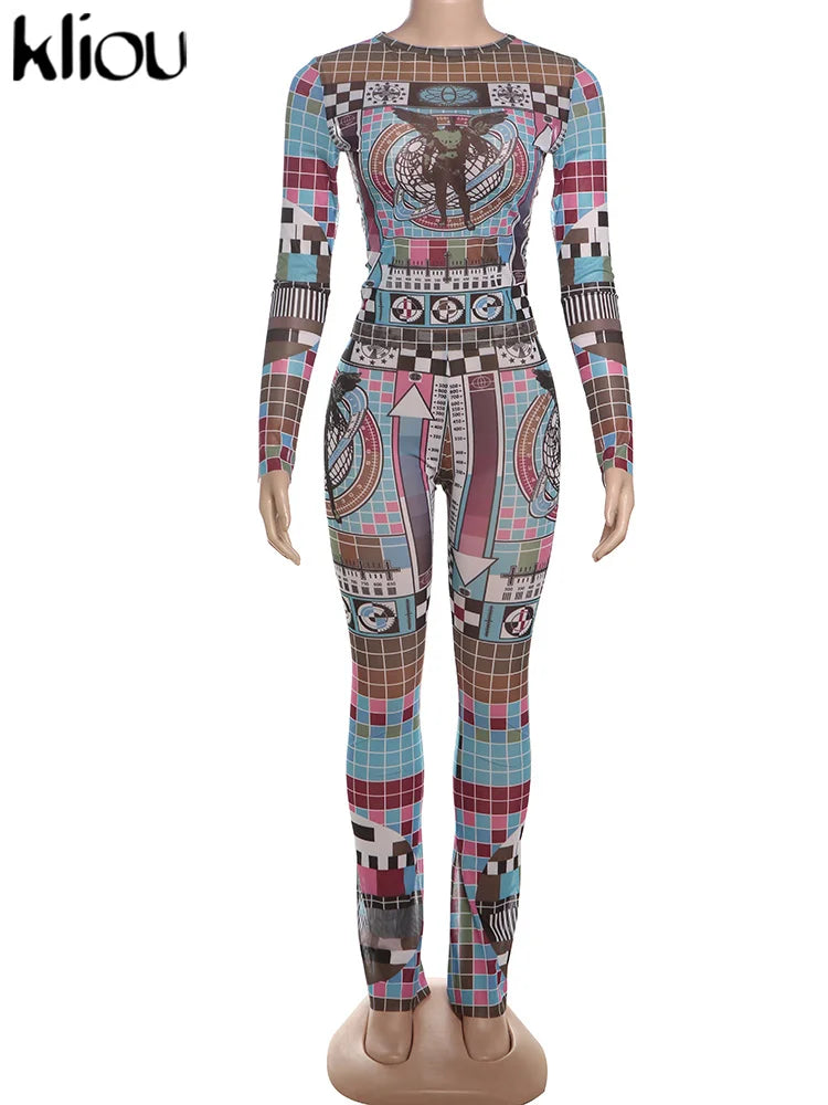 Aesthetic Print Women 2 Piece Set Vintage Hipster Autumn O-neck Full Sleeve Tops and High Waist Pants Clubwear