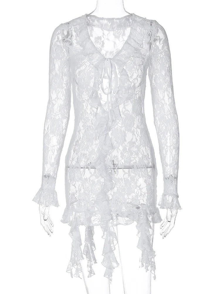 Mesh Floral Print Deep V Neck Lace Up Mini Dress See Through