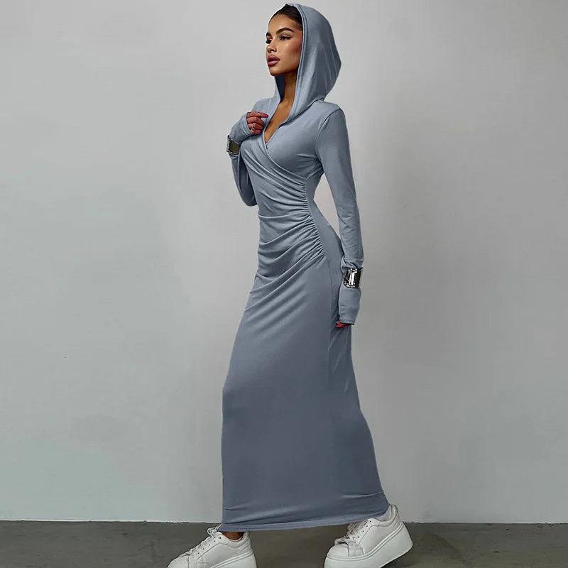 V Neck Solid Maxi Dress With Draped Silhouette Long Sleeve