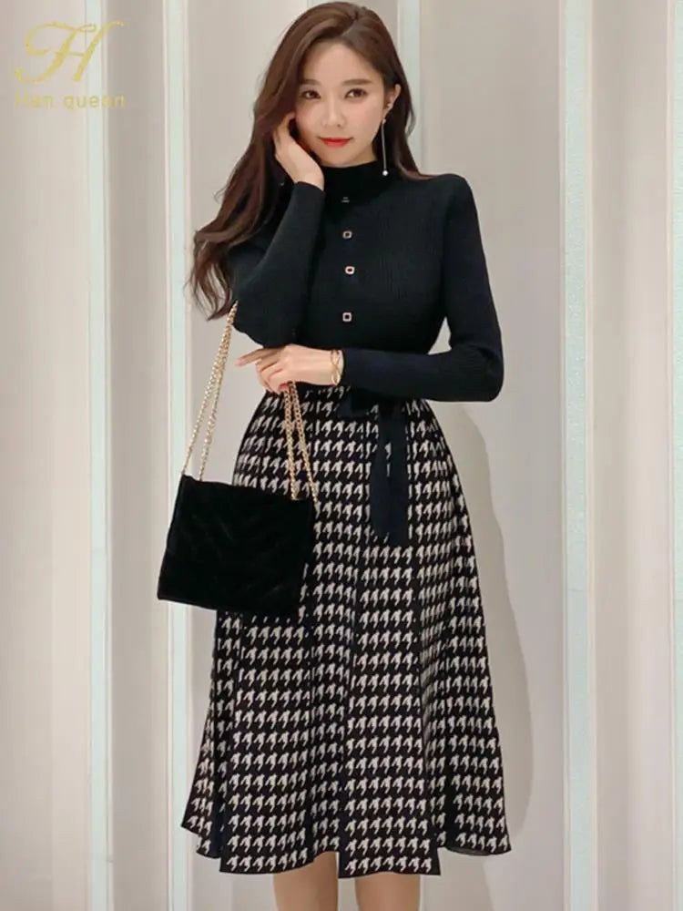 Winter Houndstooth Knit Dress Color Block Office Wear