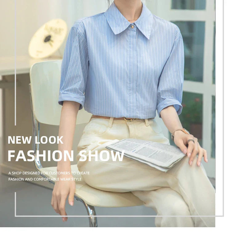 Women Casual Blue Stripe Short Sleeve Polo Collar Shirt Elegant Loose Office Blouse Single Breasted Summer Chic Top