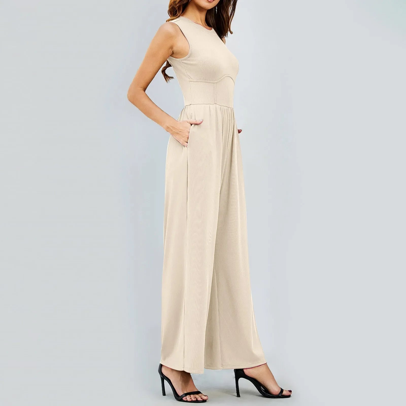 Women Sleeveless High Neck Ribbed Tank Top Jumpsuit Wide Leg Pants Romper with Tummy Control and High Waist Casual Summer Outfit
