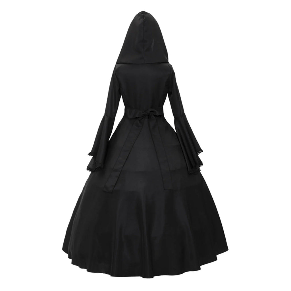 Gothic Hooded Long Sleeve Dress With Lace Flare Sleeves