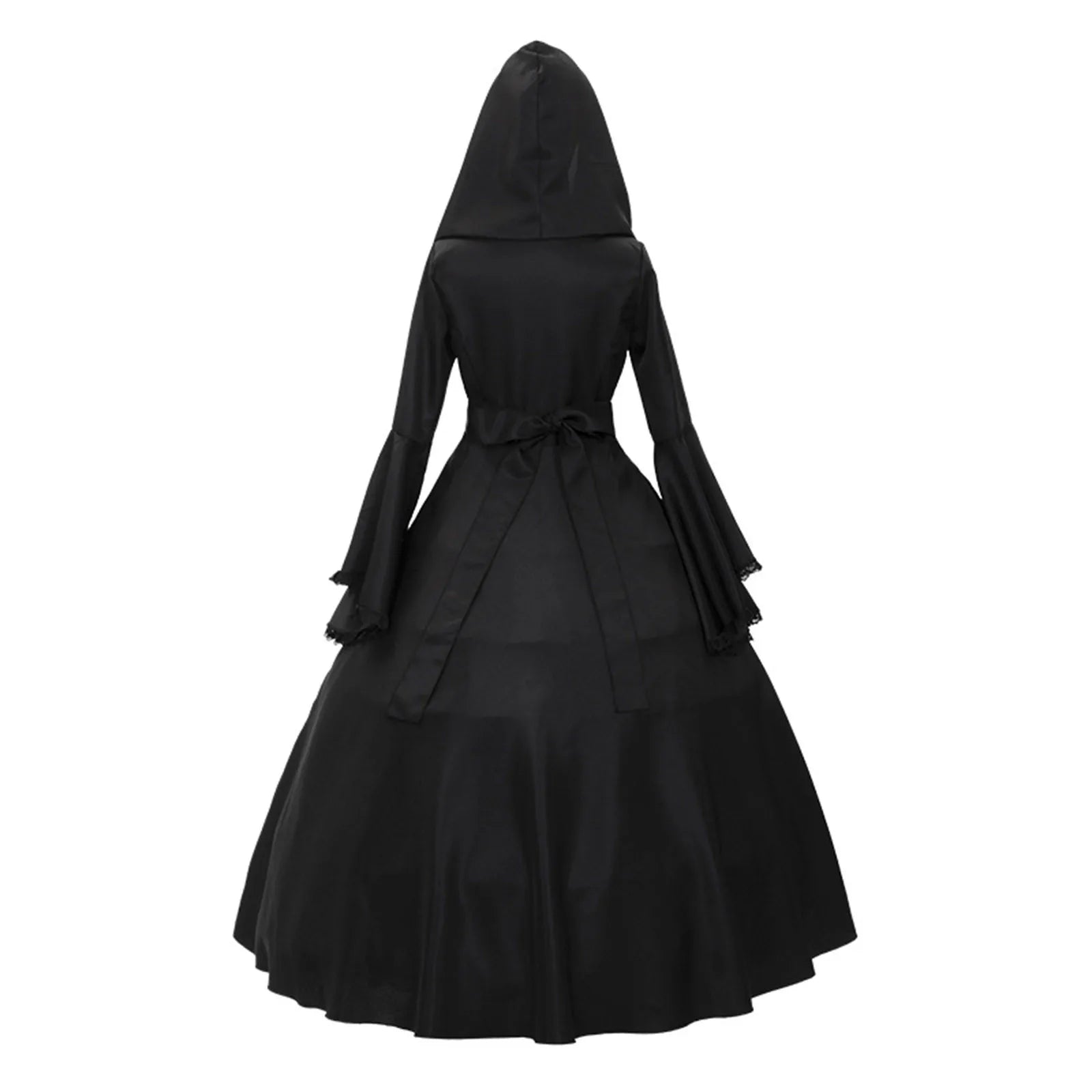 Gothic Hooded Long Sleeve Dress With Lace Flare Sleeves