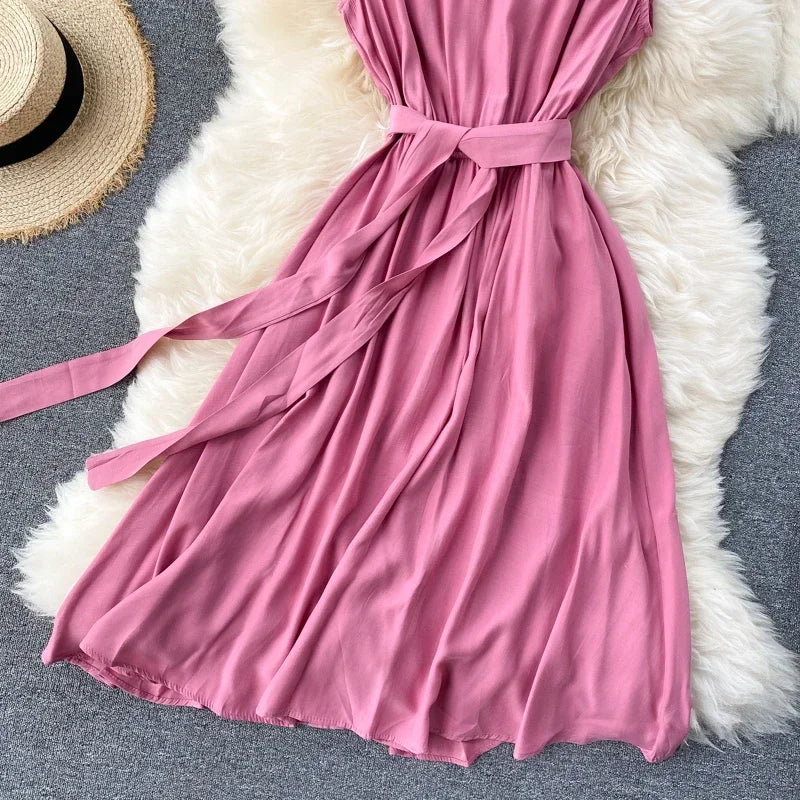 Sleeveless Summer Dress Solid Colors Green Blue Yellow Casual