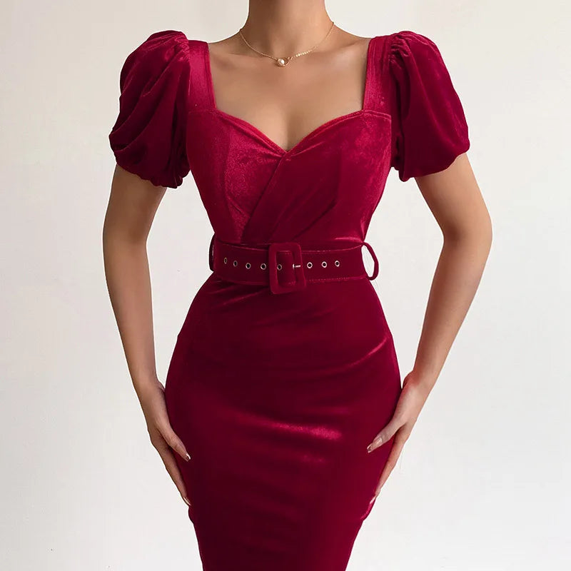 Velvet Wrapped Dress With Low Neck Bubble Sleeves Chic