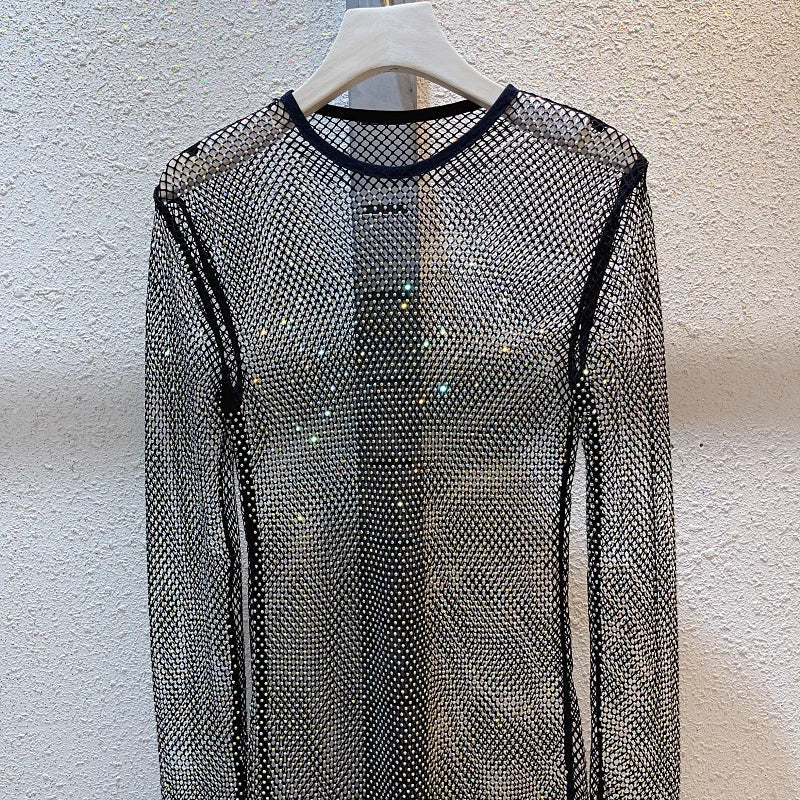 See Through Rhinestone Dress Round Neck Long Sleeve