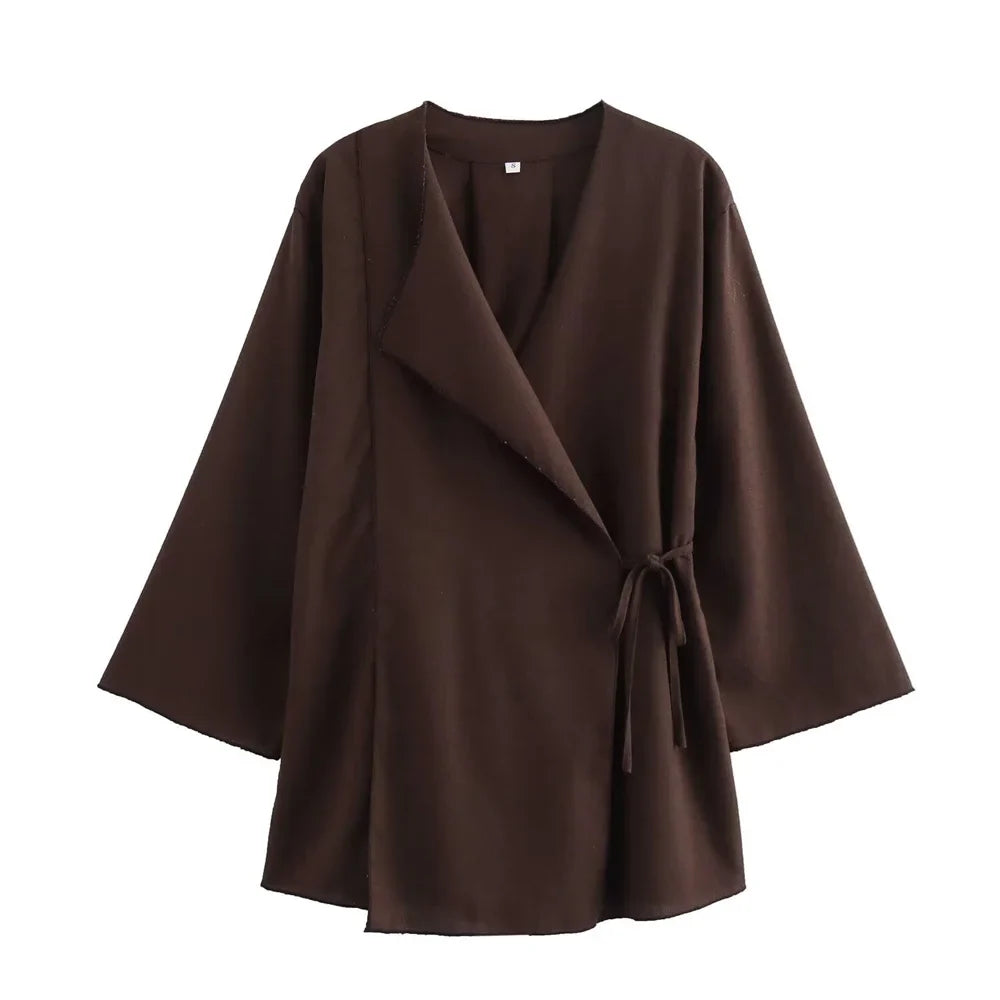 Casual Women's Solid Color Kimono Cross Coat with High Waist Flowing Wide Leg Pants Set Summer Fashion Two-Piece Outfit