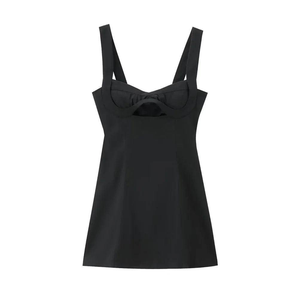 Black Linen Blend Dress Slim Fit With Wide Straps For Women