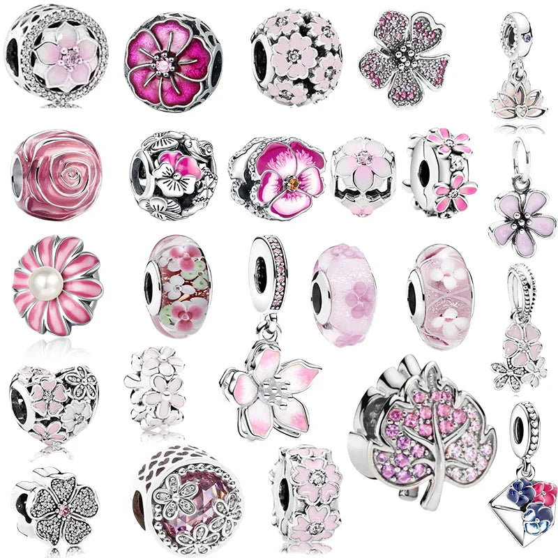 Sparkling Pink Cherry Blossom Daisy Charm Beads for 925 Silver Bracelet DIY Women's Jewelry Gifts