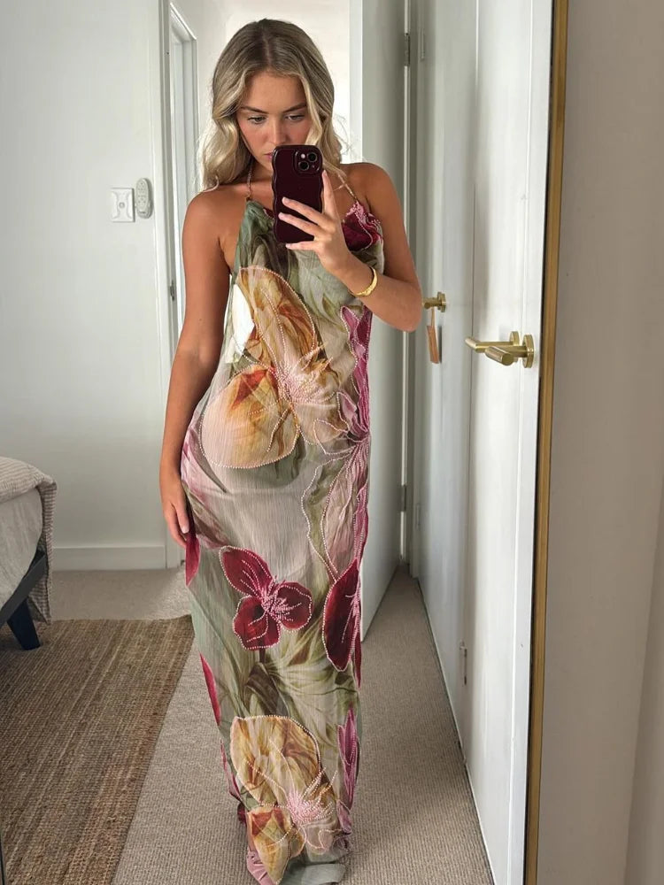 Backless Floral Halter Dress With Side Slit Beachwear