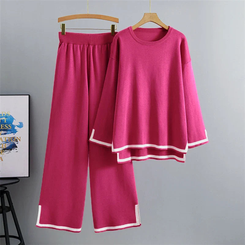 Elegant O-Neck Side Slit Pullover Long Sleeve Sweater and Wide Leg Pants 2 Piece Set for Women Casual Autumn Outfit