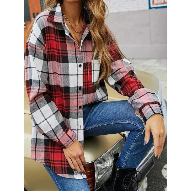 Korean Style Long-Sleeved Plaid Women's Shirt with Pockets Pleated Loose Fit High-End Fashion Top