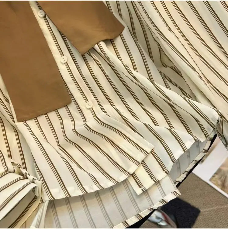 Chic Casual Fake Two Piece Long Sleeve Stripe Shirt for Women Stylish Matching Blouse Top
