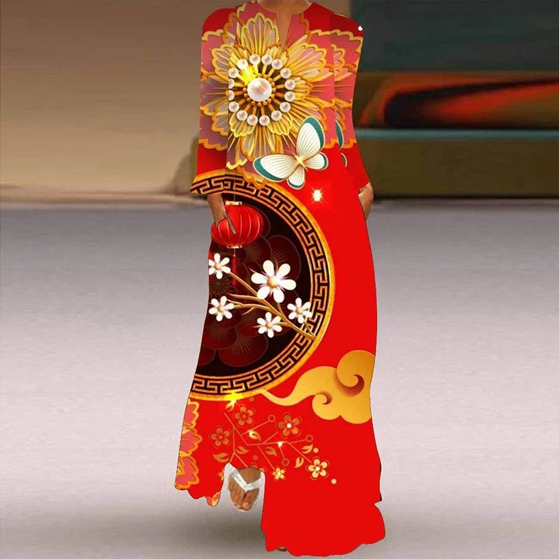 Printed V Neck Long Sleeve Dress With Large Pockets