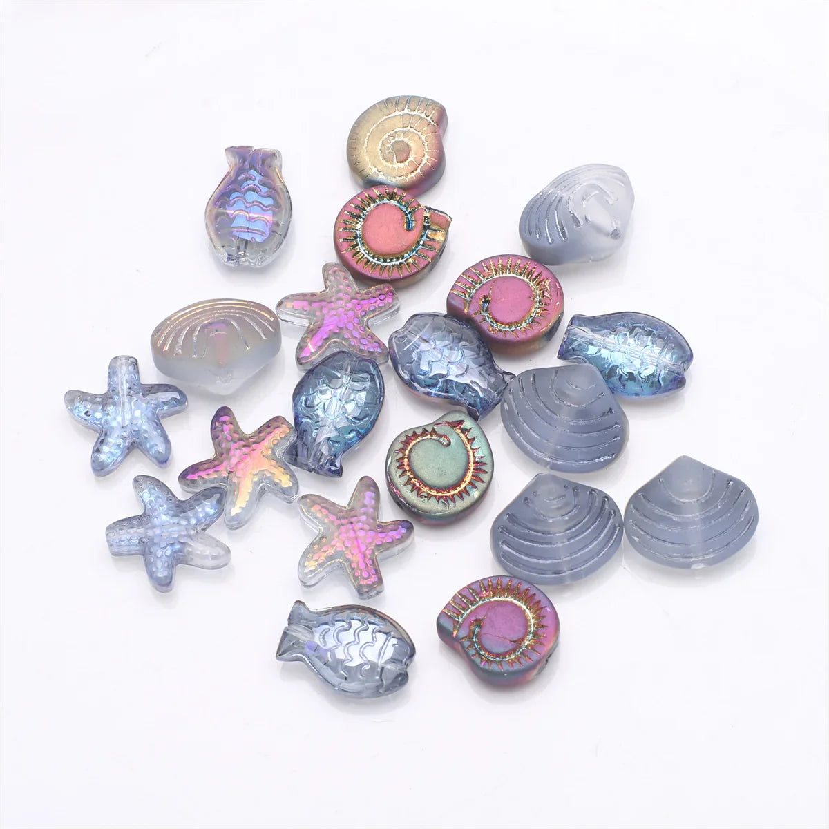 20 Pieces Mixed Shape Crystal Glass Beads for DIY Jewelry Making Including Starfish Snail Shell and Small Fish