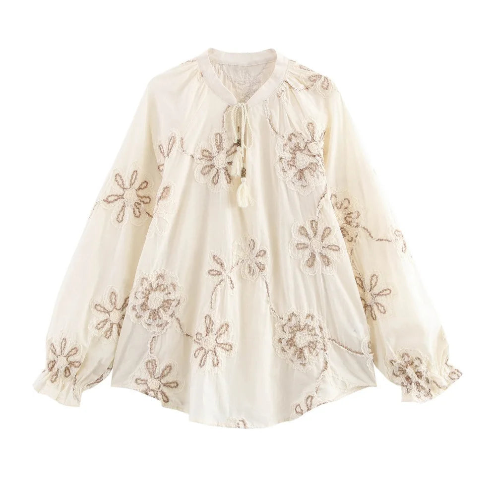 Womens Flower Embroidered Cropped Blouse Loose Tassel Lantern Sleeve Round Neck Chic Top