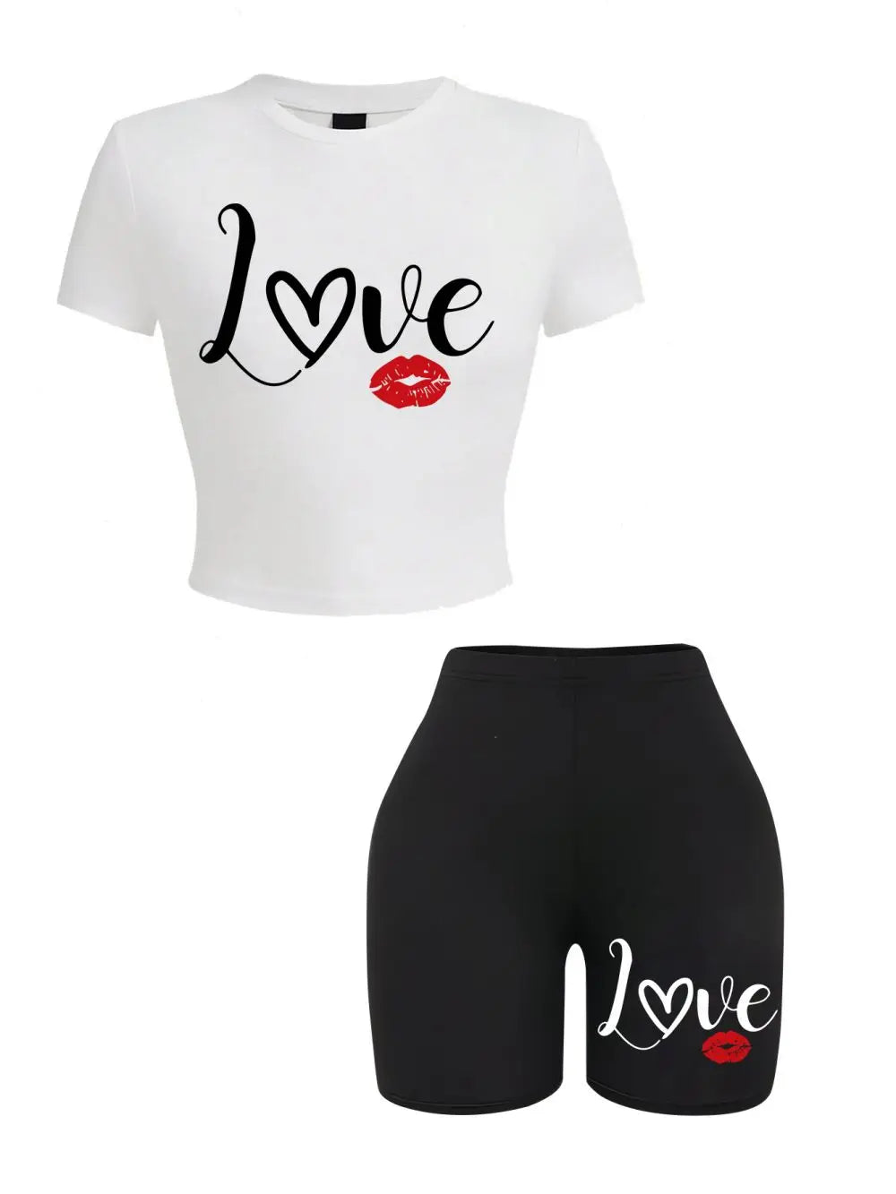 Casual Womens Two-Piece Crop Top and Shorts Set with Love Lip Pattern Letter Print Soft Slim Fit O-Neck T-Shirt and High Elastic Shorts