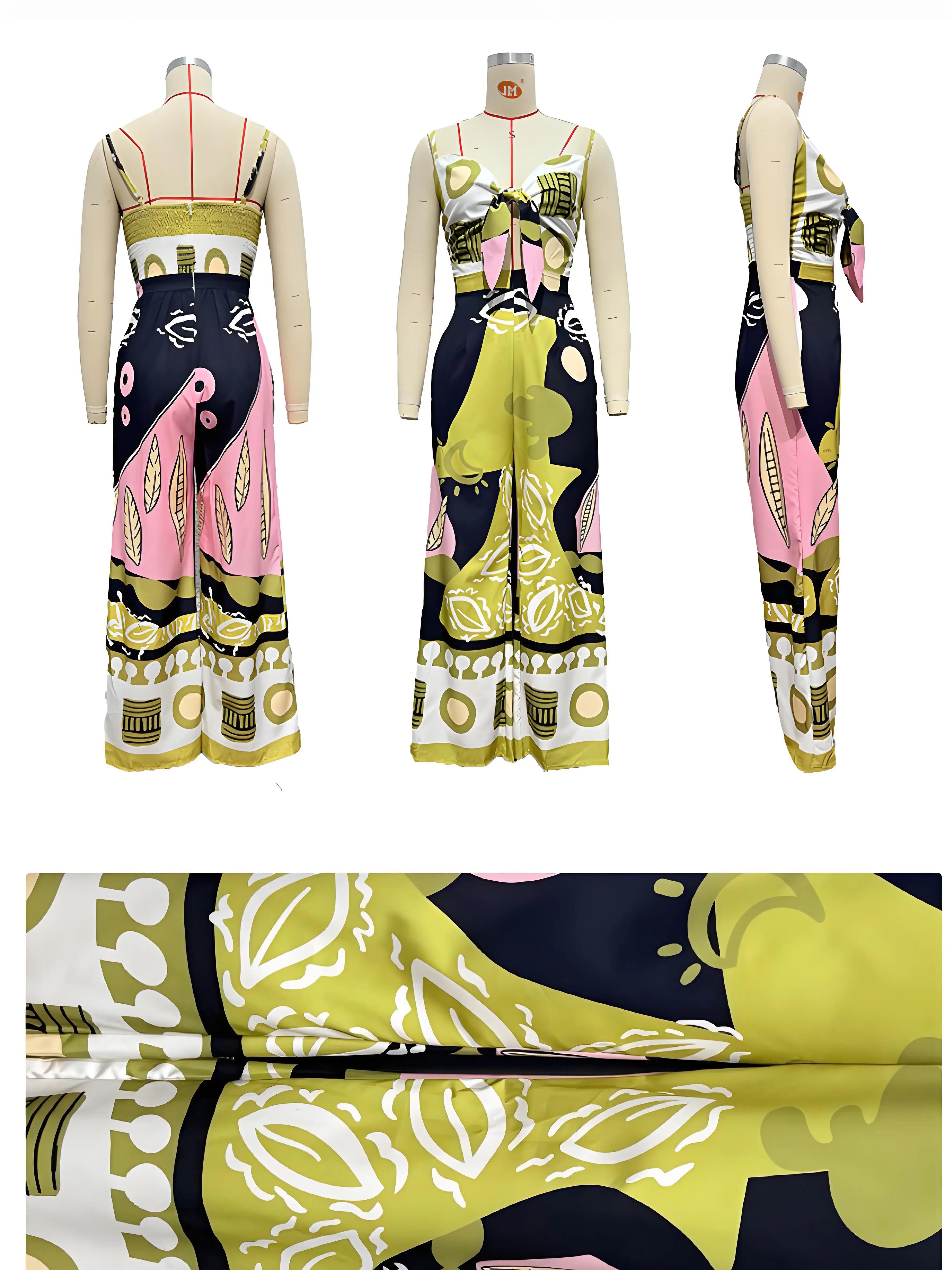 Women's Summer Printed Spaghetti Strap Jumpsuit with Hollow Out Lace-Up Detail High Waist Wide Leg Bohemian Style