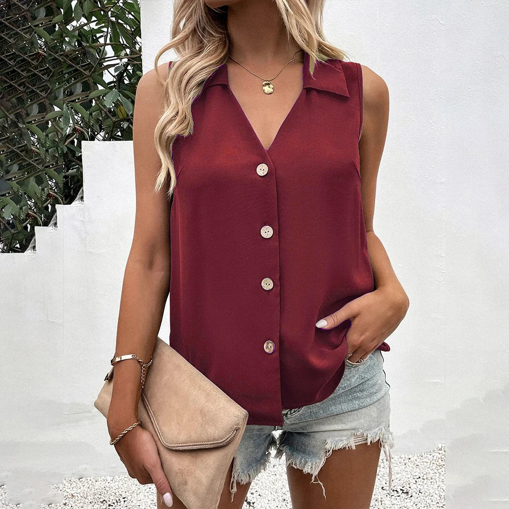 Chiffon Sleeveless Blouse for Women V Neck Button Down Slim Fit Casual Tank Top Summer Pullover Shirt